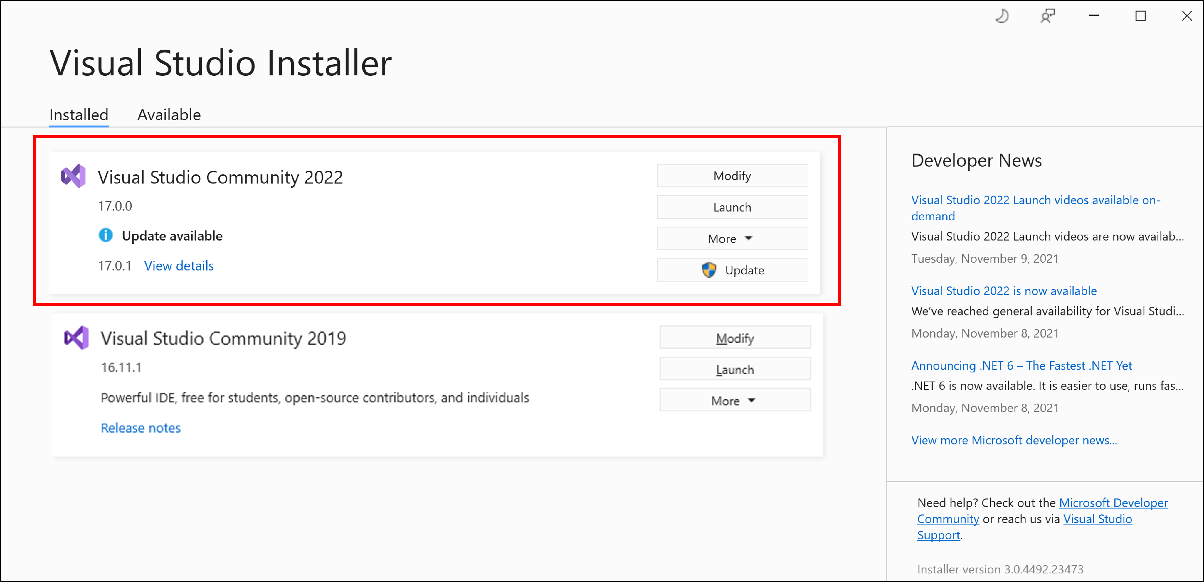 选择要更新的 Visual Studio 2022 版本 显示新更新可用时 Visual Studio 安装程序中的“更新”按钮和消息的屏幕截图。