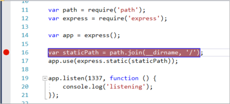 屏幕截图,显示在 server.js 中为 staticPath 声明设置的断点。