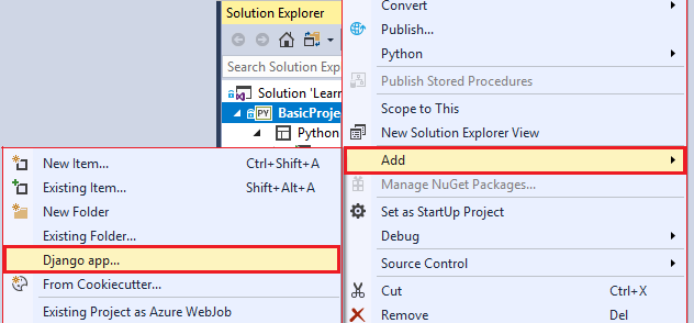 屏幕截图,显示如何在 Visual Studio 的解决方案资源管理器中的上下文菜单中添加新的 Django 应用。