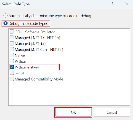 显示如何在 Visual Studio 中选择要调试的 Python(本机)代码类型的屏幕截图。