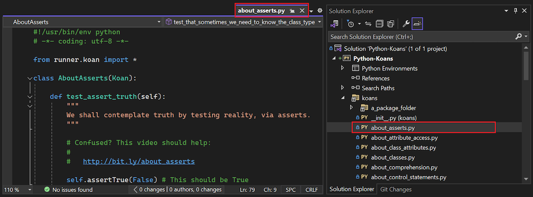 显示如何在 Visual Studio 中打开 about_asserts 文件的屏幕截图。