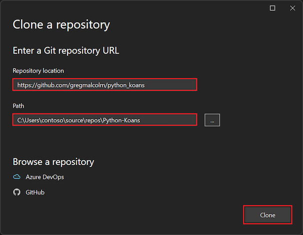 显示如何在 Visual Studio 2022 中指定要克隆的 GitHub 存储库的屏幕截图。