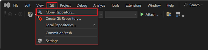 显示如何在 Visual Studio 2022 中选择 Git 克隆存储库选项的屏幕截图。