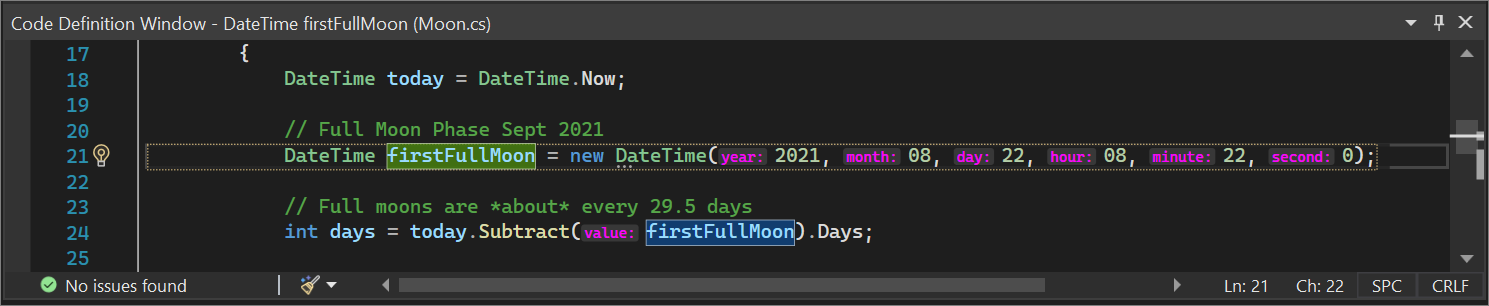 代码定义窗口中的 C# 和 Visual Basic 支持