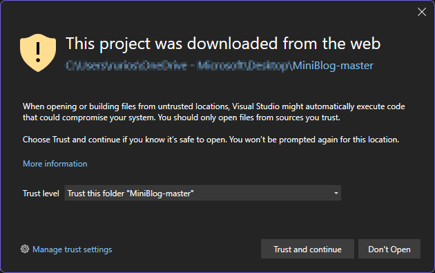 信任对话框,提醒在 Visual Studio 中打开 Web 下载的安全风险