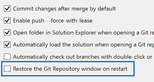 “Git 设置”页,其中包含“还原 Git 存储库”窗口复选框。