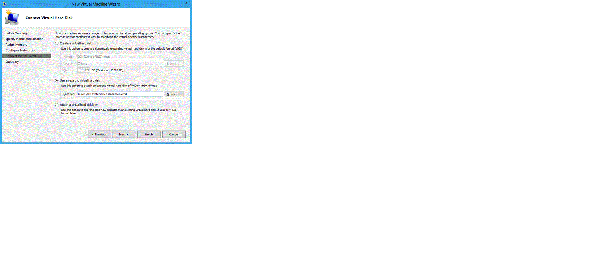 屏幕截图显示了如何使用复制的磁盘新建虚拟机。