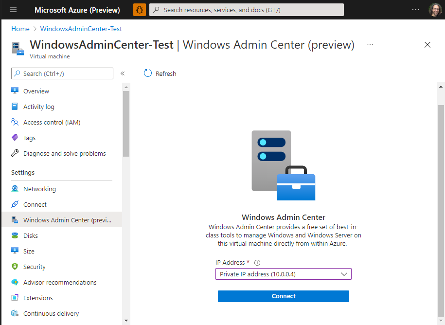 显示 VM 设置并通过专用 IP 地址连接到 Windows Admin Center 的屏幕截图。