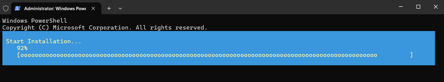 PowerShell 窗口的屏幕截图,其中显示了在 Windows Server 中安装 Hyper-V 的进度。