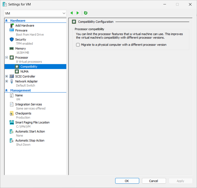 Hyper-V 管理器 VM 设置的屏幕截图,其中显示了“处理器兼容性”页,其中复选框用于迁移到具有不同处理器的物理计算机。